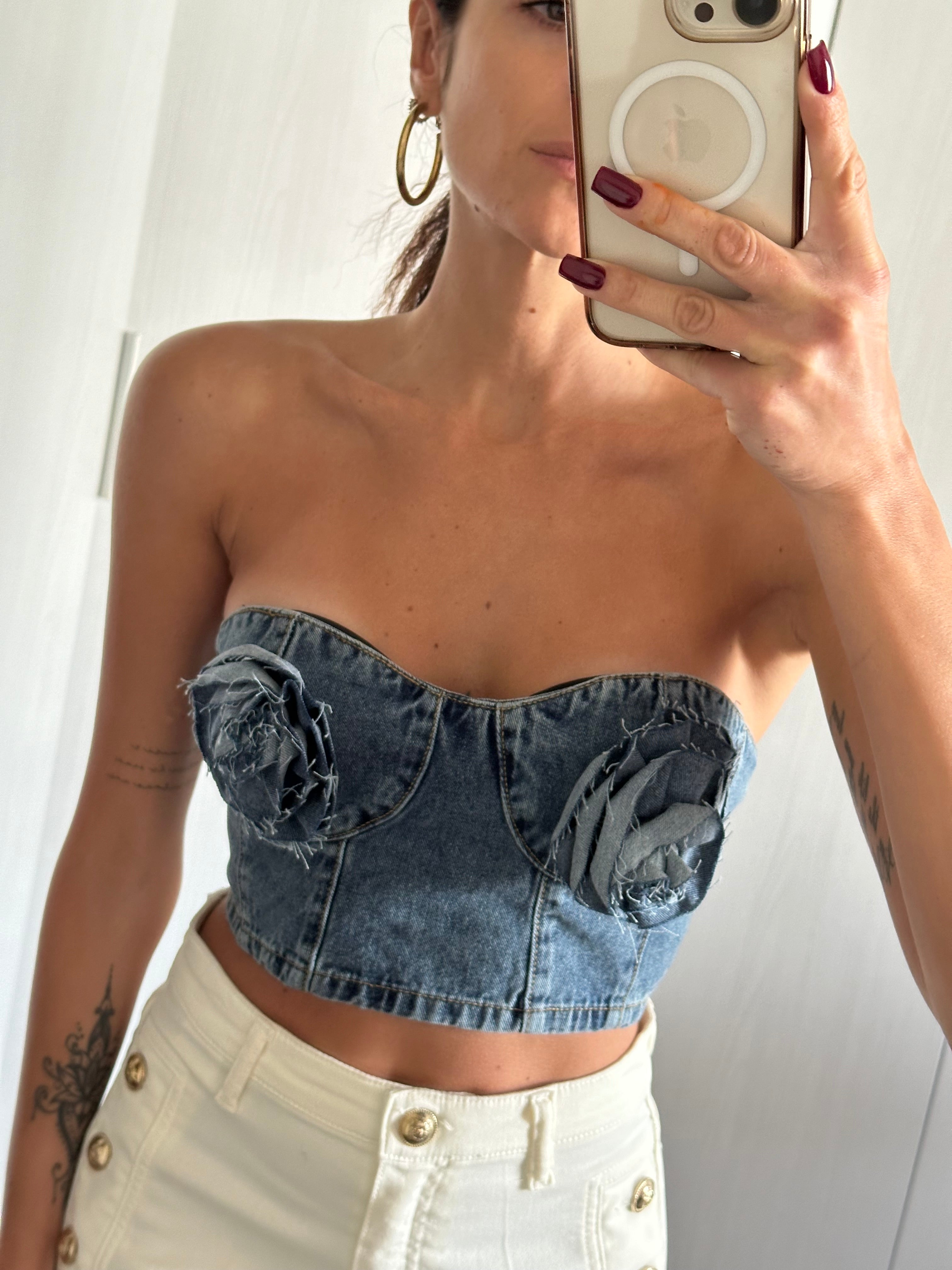 TOP DENIM FIORI GLAMOROUS